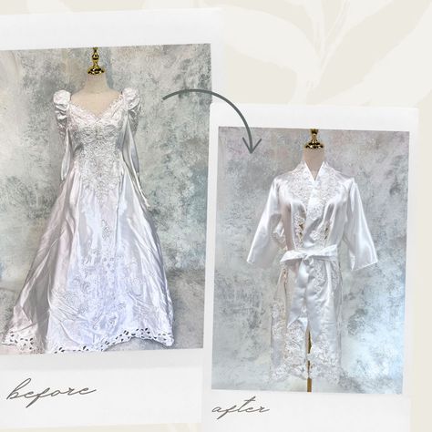 Preserving love and memories for generations to come by transforming your mom's wedding dress into a robe! #unboxthedress #weddingdress #redesign #repurpose #heirloom #familyheirlooms #transformation #weddingdressredesign #bridal #bridalgift #weddinggift #giftideas #vintageweddingdress #beforeandafter #motherofthebride #momsweddingdress #weddinggown #weddingday #motherdaughter #viral #trend #trending Tangled Wedding, Brides Made, S Wedding Dress, Vintage Wedding Gown, Perfect Bridal Shower Gift, Mom Wedding Dress, Wedding Robes, Wedding Robe, Mom Wedding