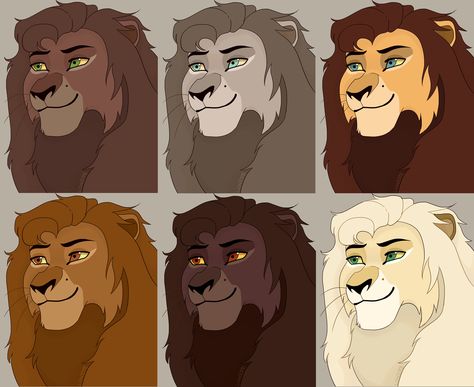 same lion, different colors. this piece isn't exactly new, but i'll just post it anyways. i do love to play around with different colors and designs, so this was fun. which one's your favorite? Lion Color Palette, Oc Template, Lion Family, Lion Pride, Cat Oc, Lion King Art, Family Art, Warrior Cats, Lion King