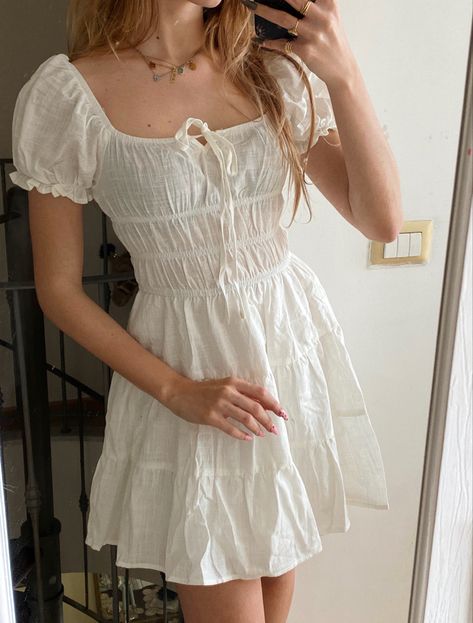 #dress #milkmaid #cottagecore #ootd #summer #italiansummer #fashion #inspiration #white #fairy #aesthetic White Dress Aesthetic Coquette, Pretty Outfits Aesthetic Dresses, Aesthetic Dress Summer, Teen Casual Dresses, White Dress Summer Aesthetic, Milkmaid Dress White, White Aesthetic Fits, Fairy Summer Outfits, White Fit Aesthetic