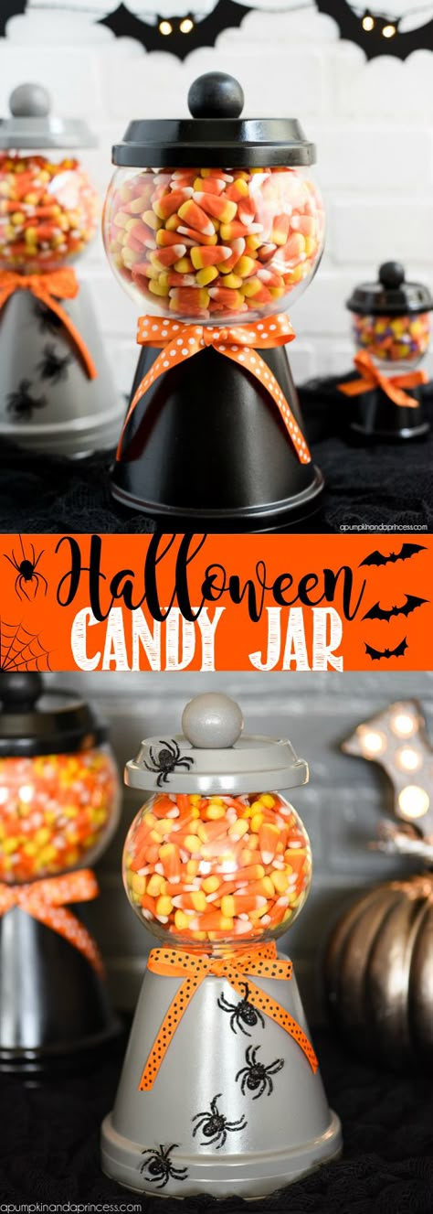 How to make a Halloween candy jar made out of a terra cotta pot, saucer, a glass… Diy Halloween Candy Jar, Tenant Gifts, Halloween Candy Jar, Diy Halloween Candy, Dulceros Halloween, Dollar Store Halloween Decorations, Clay Roses, Dulces Halloween, Dollar Tree Pumpkins