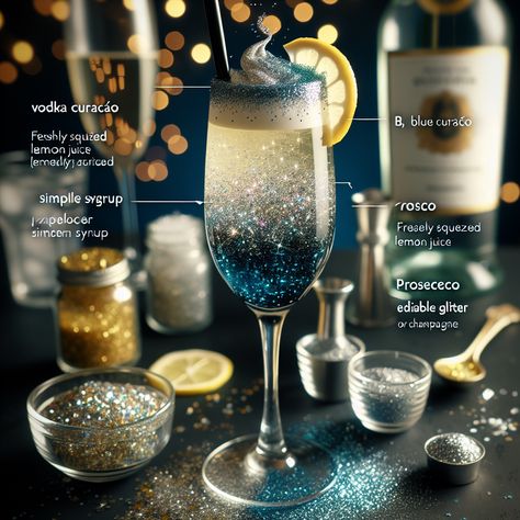 New Year Drinks Cocktails, Colorful New Years Eve Party, New Year's Drinks, New Years Cocktails, Glitter Ball, Drink Bar, Dinner Party Recipes, Blue Curacao, Edible Glitter