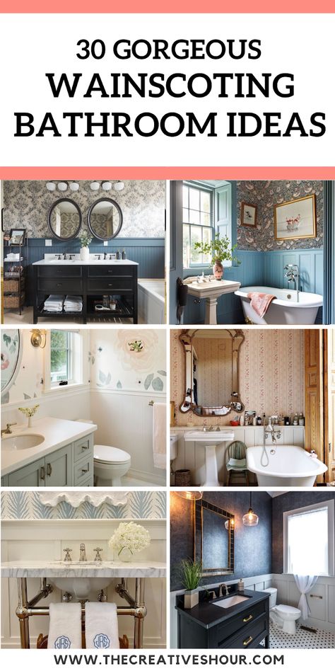 30 Amazing Wainscoting Bathroom Ideas You Will Love Small Bathroom With Chair Rail, Modern Bathroom With Wainscoting, Wainscoting On Angled Wall, Grey Wainscoting Bathroom, Types Of Wainscoting Bathroom, Wainscoting Bathroom With Wallpaper, Small Bathrooms With Wainscoting, Tan Wainscoting Bathroom, Wainscoting Over Tile Bathroom