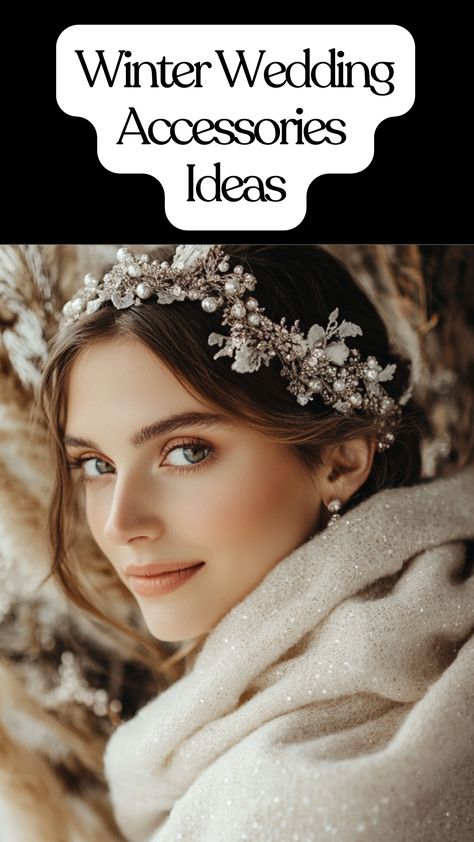 Bridal accessories for a winter wedding, including a cozy shawl and sparkling headpiece, styled for an elegant and warm look. Winter Wedding Bridal Party, Winter Wedding Style, Winter Wedding Accessories, Winter Wedding Fashion, Winter Wedding Shawl, Winter Wedding Hair, Winter Wedding Ideas, Cozy Shawl, Essential Accessories