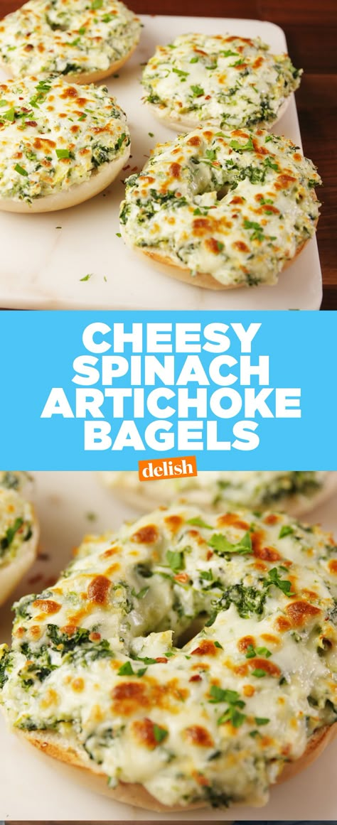 Spinach Artichoke Wrap, Spinach Artichoke Bagels, Asiago Bagel Sandwich, Recipes Using Bagels, Bagel Meal Ideas, Bagel Meals, Mozzarella Snacks, Asiago Bagels, Bagel Toppings