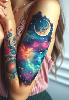 #tattoo #tattoodesign #amazing #trending Galaxy Rose Tattoo, Galaxy Half Sleeve Tattoo, Galaxy Cover Up Tattoo, Arm Tattoos For Women’s, Fire Tattoos For Women, Geometric Galaxy Tattoo, Bright Color Tattoos For Women, Night Sky Tattoo Sleeve, Sky Tattoos For Women