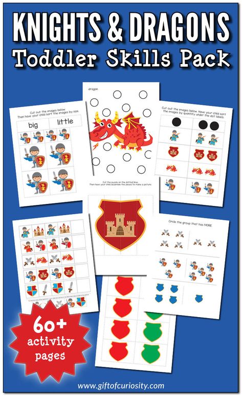 This Knights and Dragons Toddler Skills Pack features more than 60 pages of adventurous activities for children ages 1-3, including do-a-dot activities, coloring pages, puzzles, colors, shapes, fine motor activities, and early math activities. #knights #dragons #medieval #medievaltimes #printables #giftofcuriosityprintables #giftofcuriosity #toddlers || Gift of Curiosity Dot Activities, Toddler Skills, Knights And Dragons, Adventurous Activities, Color Sorting Activities, Knight Shield, Easy Toddler Activities, Dragon Crafts, Do A Dot