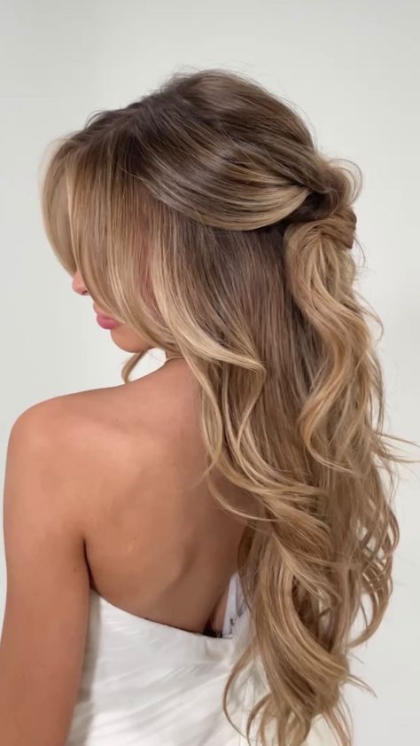 Hannah Moore ARIZONA/OC HAIRSTYLIST | ✨Easy half-up inspo✨ with @hairby_chrissy and @habitevents !! Coming to Orange County May 2nd DM now to book! #halfupstyle… | Instagram Loose Half Up Half Down Bridesmaid Hair, Bridal Hair Down Curtain Bangs, Volume Half Up Half Down Wedding Hair, Wedding Hair Volume Half Up, Bridal Half Up Half Down Ponytail, Wedding Hair Blowout Half Up, Blowout Curls Half Up Half Down, Half Up Half Down Wedding Hair With A Tiara, Beach Wave Half Up Half Down