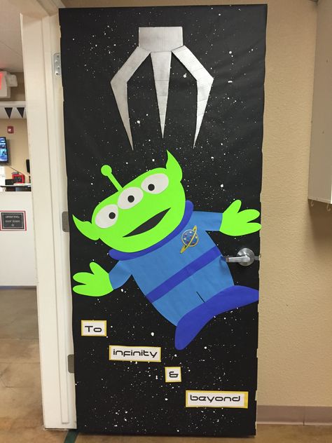 Toy story alien door for Space theme                                                                                                                                                                                 More Alien Themed Classroom Door, Aliens Classroom Theme, Toy Story Alien Craft, Alien Door Decoration, Alien Classroom Door, Alien Classroom Theme, Toy Story Decorations Classroom, Space Theme Door Decorations, Toy Story Homecoming Theme