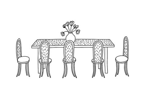 From The Dining Table Tattoo, Dinner Table Drawing, Dining Table Illustration, Kitchen Table Drawing, Dining Table Drawing, Dining Illustration, Cozy Room Drawing, Table Doodle, Table Tattoo