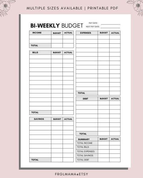 Bi Weekly Budget Printable Free, Weekly Budget Printable, Bi Weekly Budget, Budget Planner Book, Weekly Budget Template, Free Budget Printables, Budgeting Ideas, Money Tracker, Weekly Budget Planner