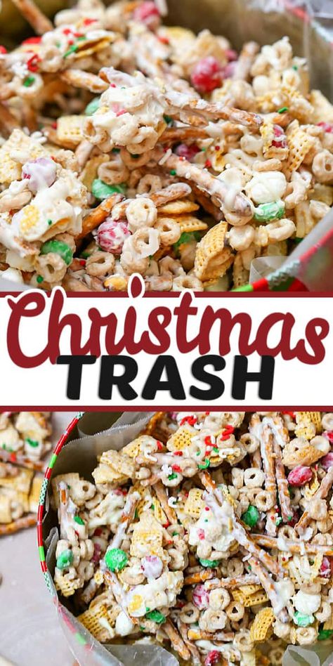 This White Chocolate CHRISTMAS TRASH is a Snack Mix recipe with pretzels, cereal, candy tossed together with chocolate. Quick, easy and an addicting treat. Perfect for a treat or baking exchanges #christmas #snackmix #christmasbaking #christmastrash #chocolate #snackmix Christmas Trash Recipe, Christmas White Trash, White Trash Snack Mix, White Chocolate Snack Mix, Christmas Trash, Trash Recipe, White Trash Recipe, Chocolate Snack Mix, Christmas Snack Mix