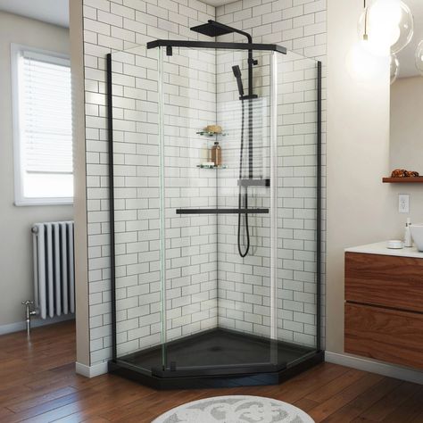 DreamLine Prism 38" W x 38" D x 74.75" H Frameless Neo-Angle Reversible Shower Kit with Towel Bar and Base Included & Reviews | Wayfair Small Shower Stalls, Small Bathroom With Shower, Standing Shower, Shower Inserts, Small Showers, Shower Kit, Downstairs Bathroom, Tub Shower Combo, Corner Shower