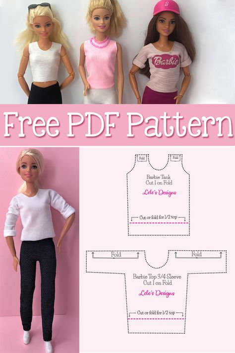 In this tutorial I will show you how to make 12 different style shirts. Tank top, crop top, midriff, long sleeve, 3/4 sleeve, scoop neck, crew neck, etc. These shirts are so simple and quick to make. you can sew these out with a sewing machine, hand sew or glue them. I am including the free pdf sewing pattern. Barbie Clothes Patterns Free Sewing, Sewing Projects For Barbie Dolls, Sewing Patterns For Barbie Doll Clothes, Easy Barbie Clothes Patterns, Barbie Shirt Diy, Doll Clothes Patterns Free Barbie, Barbie Shirt Pattern Printable, Free Barbie Clothes Patterns Printable, Barbie Doll Shirt Pattern