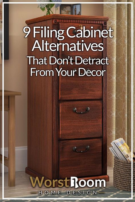 Filing cabinet alternatives are a must for a home office. The last thing you want while at home is to have it feel like you're back at your work place, under horrible lighting, in a cubicle, surrounded by blocky metal contraptions.  #filingcabinet #office #work #business #home #paperwork #AboutTheMoney #HustleGang #taxes #tax #money #taxreturn #personalfinance #wealth Decorative Filing Cabinet Furniture, Filing Cabinet Alternatives, Filing Cabinet Alternative, Hidden File Cabinet, File Cabinet Alternative, Home Office With Filing Cabinets, Home File Cabinet Organization, Small Office File Storage Ideas, Filing Cabinet In Bedroom