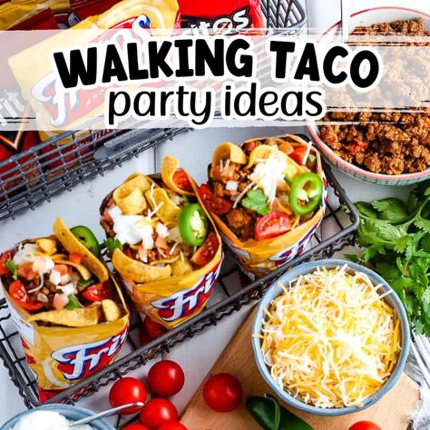 Tacos For Birthday Party, Walking Tacos Party Set Up, How To Make Walking Tacos, Taco Night For A Crowd, Walking Taco Board, Tacos For Party, Sides To Go With Walking Tacos, Walking Taco Charcuterie Board, Halloween Walking Taco Bar