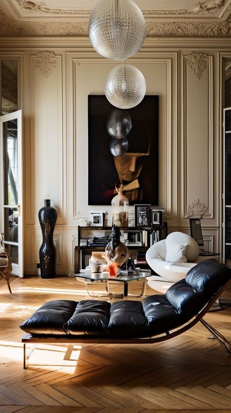 Elegant Interior Design Luxury Living, Eclectic Parisian Decor, Parisian Apartment Aesthetic, Rug Tattoo, Parisian Interior Design, Parisian Living Room, Parisian Interior, Living Room Themes, Living Room Styles