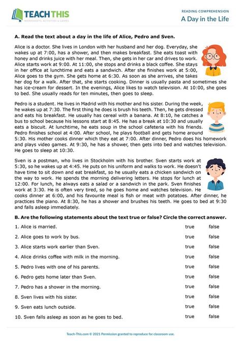 ESL Reading Comprehension Worksheet - Reading Comprehension Exercises - Pre-intermediate (A2) - 30 minutes In this free present simple reading comprehension worksheet, students read a passage about a day in the life of three people and then complete a series of comprehension exercises. Reading Passages For Adults, Present Simple Comprehension, Reading Comprehension Questions For Chapter Books, Reading Comprehension For Adults, Reading Text For Intermediate, Comprehension Exercises Grade 7, Esl Reading Comprehension Intermediate, Reading Comprehension 6th Grade, Esl Worksheets Intermediate