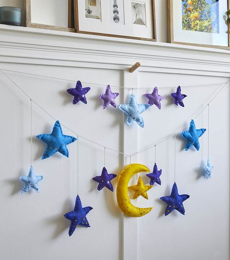 How To Make Felt Moon and Star Garland Online | JOANN Diy Moon Decorations Craft Ideas, Felt Star Garland, Felt Moon, Moon Garland, Baby Gadget, Ramadan Craft, Bedroom Redesign, Ramadan Decor, Viking Sewing