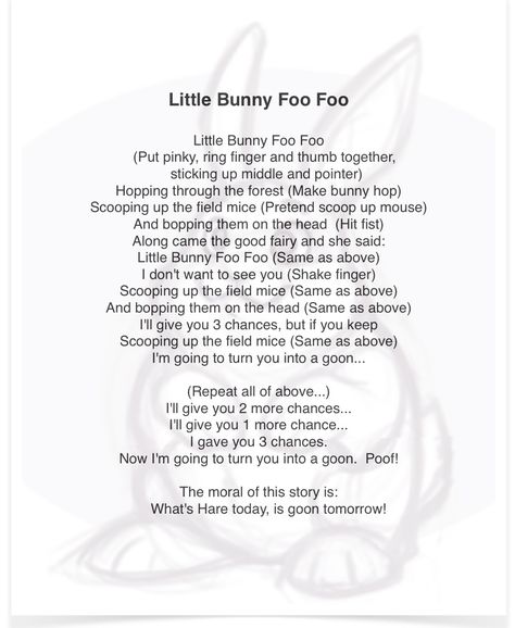 Songs with hand motions were always a hit!  My all-time favorite?  How could it be anything but...Little Bunny Foo Foo! Single Travel Woman, Daycare Songs, Travel Woman, Transition Songs, Nursery Rhymes Lyrics, Easter Songs, Little Bunny Foo Foo, Circle Time Songs, Camp Songs