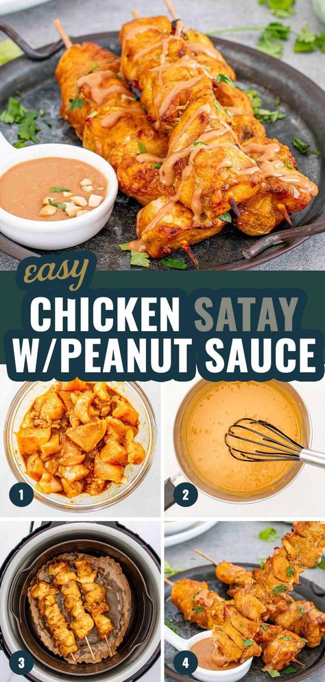 Whip up this easy and delicious Chicken Satay with Peanut Sauce for a quick, flavorful dinner! Perfect for weeknights or when you need a tasty meal without the fuss. #ChickenSatay #EasyRecipes Chicken Satay With Spicy Peanut Sauce, Sate Chicken, Thai Peanut Sauce Chicken, Keto Lunch Ideas To Work, Easy Chicken Satay, Easy Thai Peanut Sauce, Amazing Dinners, Balinese Food, Chicken Satay With Peanut Sauce