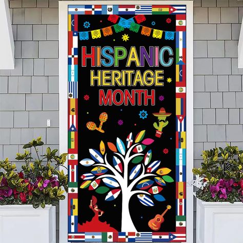 PRICES MAY VARY. Large Size: This door cover measures a massive 71 x 35 inches, perfect for decorating classrooms, homes, or offices. Hispanic Heritage Celebration: Commemorate and honor the rich cultures of Spanish-speaking countries with this vibrant banner. Versatile Decoration: Hang it as a door cover, wall hanging, or backdrop for Hispanic Heritage Month events. Eye-Catching Design: Featuring bold colors and Latin American motifs, it creates a festive and welcoming atmosphere. Quality Mater Hispanic History Month Bulletin Board, Hispanic Heritage Door Decoration, Hispanic Heritage Month Decorations, Hispanic History Month, Spanish Heritage Month, Decorations For Classroom, Hispanic Heritage Month Crafts, Mexican Doors, Heritage School