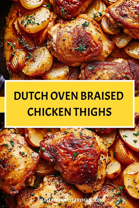 Easy Dutch Oven Braised Chicken Thighs Recipe Chicken Thigh Recipes In Dutch Oven, Dutch Oven Chicken Potatoes And Carrots, French Dutch Oven Recipes, Braised Chicken Leg Quarters, Asian Dutch Oven Recipes, Marry Me Chicken Dutch Oven, Chicken And Potatoes Dutch Oven, Braised Recipes Dutch Ovens, Dutch Oven Chicken Leg Recipes