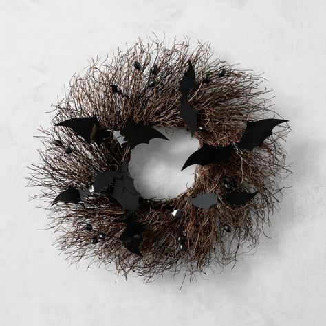 Spooky Halloween Bat Wreath | Williams Sonoma Ravens Wreath, Bat Wreath, Living Wreath, Classic Wreath, Table Setting Inspiration, Kids Pottery, Halloween Bat, Hair Raising, Theme Halloween