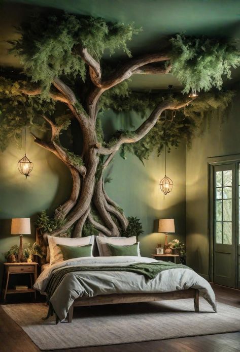 Bedroom Murals Green, Sage Green Farmhouse Bedroom, Sage Ideas, Green Farmhouse Bedroom, Bedroom Ideas Trendy, Sage Green Farmhouse, Treehouse Bedroom, Sage Bedroom, Bedroom Decor Ideas For Women