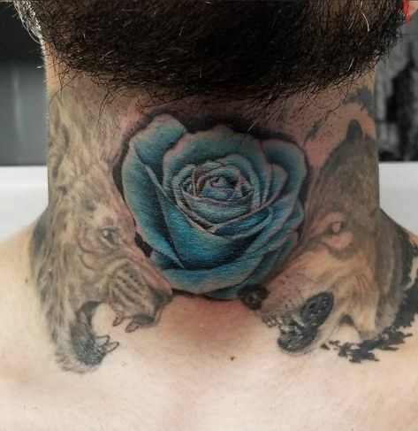 Blue rose tattoo neck Rose Tattoo Neck, Tattoo Neck, Blue Rose Tattoos, Rose Tattoo, Neck Tattoo, Blue Rose, Flower Tattoo, Tattoos, Flowers