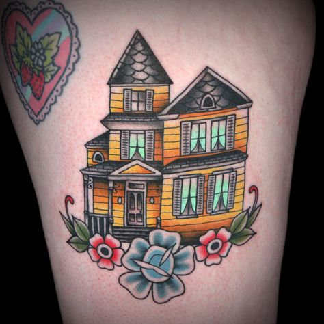 Victorian House Tattoo by Holli Marie American Traditional House Tattoo, Traditional House Tattoo, Victorian Home Tattoo, Old House Tattoo, House Tattoo Traditional, Childhood Home Tattoo, Victorian House Tattoo, Dollhouse Tattoo, England Tattoo