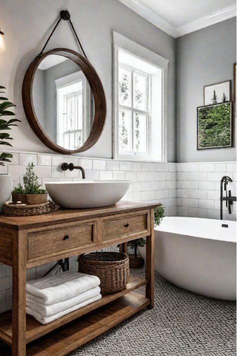 Farmhouse bathroom with a clawfoot tub, shiplap walls, and farmhouse-inspired decor Rustic Bathrooms Ideas Farmhouse Country, Bathroom Country House, Country Farmhouse Bathroom Ideas Rustic, Scandinavian Farmhouse Bathroom, Small Bathroom Farmhouse Style, Rustic Bathrooms Ideas Farmhouse, Classic Farmhouse Bathroom, Farmhouse Bathroom Cabinets, Country Farmhouse Bathroom Ideas