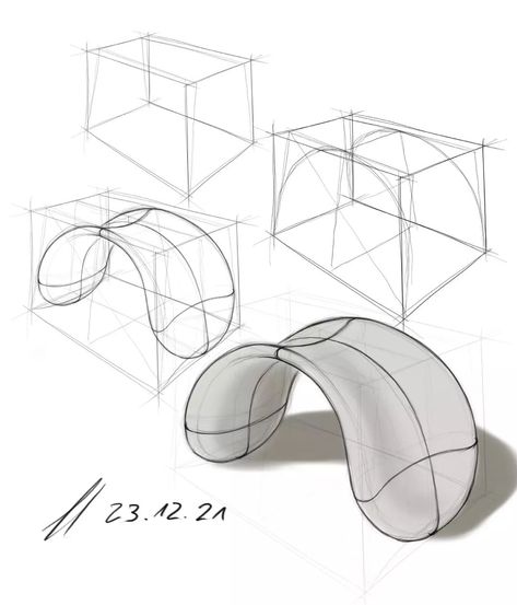 3 D Forms, Forms In Perspective, Curved Shapes Design, Isometric Cube Drawing, Architectural Forms Concept Shape, Shape Design Art, Form Sketches, Volume Drawing, Shape Sketch