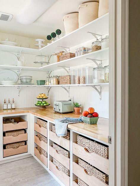 Pantry Wood Countertop, Butlers Pantry With Drawers, Modern Butlers Pantry Walk In, Pantry Design Pull Out Shelves, Pantry Work Station, Scullery Open Shelving, Pantry Shelving Ideas With Counter, Open Shelving Under Cabinets, Scullery Storage Ideas