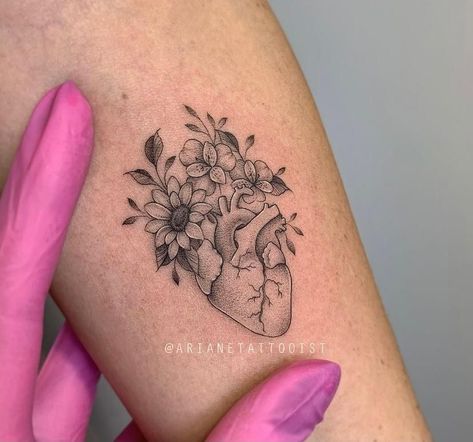 Floral Anatomical Heart Tattoo, Marching Tatoos, Wear Your Heart On Your Sleeve Tattoo, Top Tattoo For Women, Anatomical Heart With Flowers Tattoo, Anatomically Correct Heart Tattoo, Head And Heart Tattoo, The One Tattoo, Healthcare Tattoos For Women