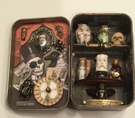 Altered Tin featuring Edgar Allan Poe Crow Box Diy, Mint Tins Crafts, Decorated Altoid Tins, Altoids Box Ideas, Altoid Tin Art, Altoid Tin Ideas, Mint Tin Crafts, Shrines Box, Tin Crafts