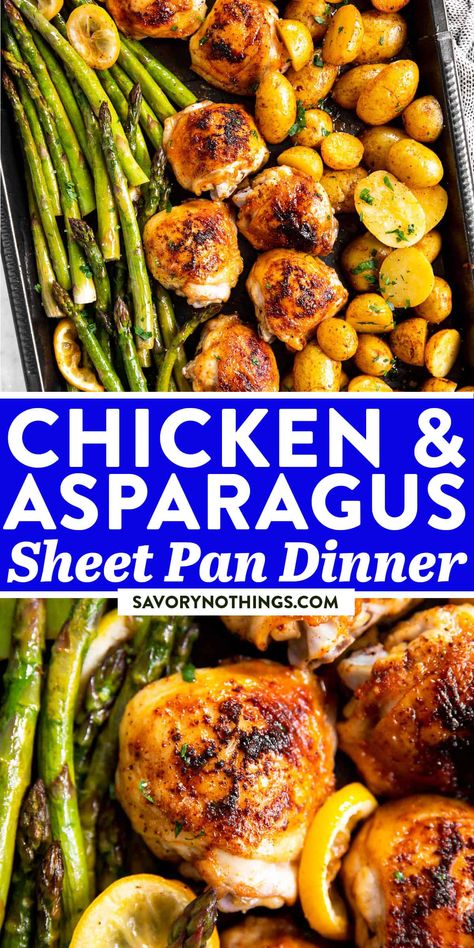 Speed up dinner prep (and avoid lots of dish washing) with this Chicken and Asparagus Sheet Pan Dinner. Everything cooks right on the one pan – from the chicken to the asparagus and even the potatoes! | #dinner #easydinner #chickenrecipes #chickendinner #sheetpanmeal #sheetpandinner #healthyfood #healthyrecipes #cleaneating #asparagus #chicken Baked Chicken Asparagus, One Pan Dinners Chicken Thighs, Chicken And Asparagus Recipes, Sheet Pan Chicken And Potatoes, Oven Dinner Recipes, Asparagus Chicken, Potatoes Dinner, Sheet Pan Meals Chicken, Chicken And Asparagus