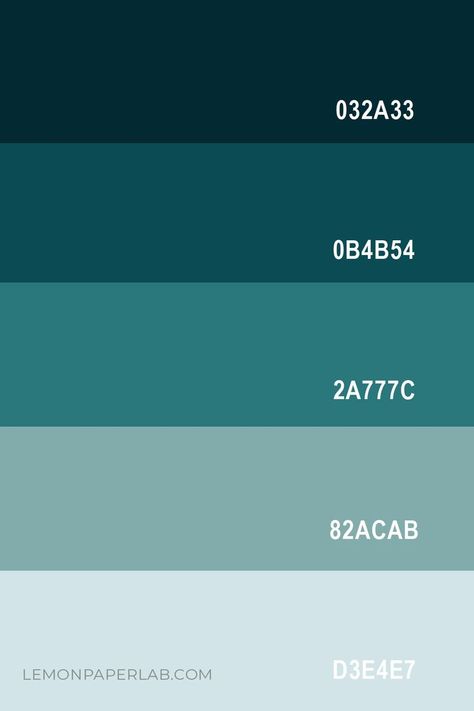 Looking for color inspiration? Check out this ombre teal color palette featuring Midnight Blue, Teal, Turquoise, Seafoam Green, and Light Gray Blue. Gray Blue Color Palette, Blue Pallets, Teal Palette, Teal Color Palette, Turquoise Color Palette, Seafoam Color, Teal Green Color, Hex Color Palette, Green To Blue