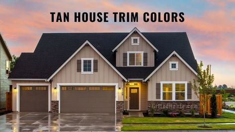 Beige & Tan House Trim Colors. (Ideas and Pics) House Shutter Colors, Brown Shutters, House Sitting Jobs, Tan House, Black Roof, House Shutters, Shingle Colors, House Trim, Exterior Renovation