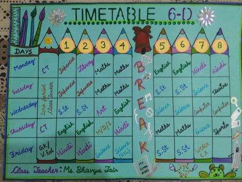 Easy timetable ideas for class School Timetable Ideas Creative, Timetable Chart For Classroom Ideas, Class Time Table Ideas, Timetable For Classroom, Timetable Decoration Ideas, Creative Timetable Ideas For Classroom, Time Table Ideas For Classroom, Time Table For Classroom, Classroom Timetable Ideas