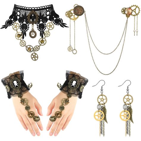 PRICES MAY VARY. Abundant Combinations: you will get 5 pieces of steampunk accessories, including 1 piece of gothic punk necklace, 1 pair of Steampunk bracelets (2 pieces), 1 pair of steampunk pendant earrings, and 1 piece of steampunk brooch, suitable for your daily use and party dressing needs Quality Material: steampunk accessories for women are made of reliable materials, the necklace and bracelets are mainly made of lace, rhinestones and alloy, sturdy to use and stable in texture, earrings Cowgirl Oc, Gear Decorations, Steampunk Bracelets, Pirate Bracelet, Steampunk Brooch, Steampunk Choker, Gear Earrings, Steampunk Pirate, Steampunk Bracelet