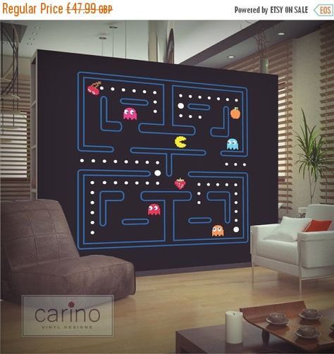 Large Pacman wall sticker decal for the little and big kid in all of us ! Two colour options available. For this large option the blue grid Arcade Room, Video Game Decor, Kids Room Wallpaper, Vinyl Wall Stickers, Bedroom Sofa, Wall Patterns, Creative Decor, Vinyl Designs, Kids' Room