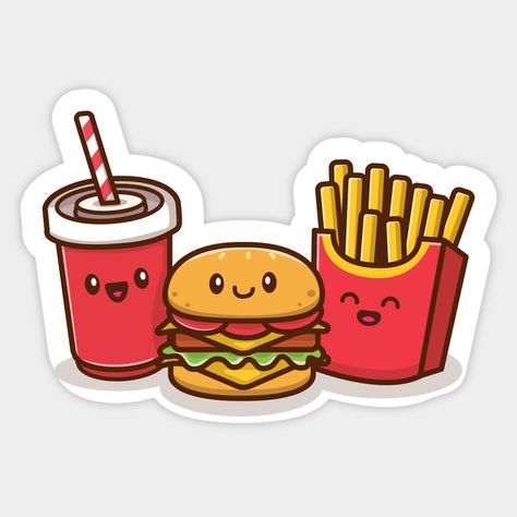 Essen, Burger Sticker Design, Favorite Food Drawing, Cute Food Stickers Printable, Food Stickers Printable, Food Sticker Design, Cute Stickers Food, French Fries Sticker, Fast Food Stickers