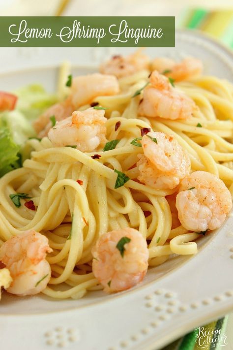 Lemon Shrimp Linguine - A quick and easy pasta recipe filled with shrimp, a light lemon and garlic sauce, and red pepper flakes for a little bite. Lemon Shrimp Linguine, Shrimp Linguine Recipe, Seafood Linguine, Lemon Pasta Recipes, Shrimp Pasta Recipe, Easy Pasta Recipe, Shrimp Linguine, Linguine Recipes, Lemon Shrimp