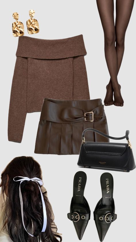 Winter mini skirt ❄️ #brown #miniskirt #fashion #winterfashion #fallfashion #tights #sweater #cozy #bow #jewlery #gold #goldjewelry #prada #heels #outfit #outfitinspo #outfitgoals #fashiongoals #fyp Prada Heels Outfit, Casual Outfits Cargo Pants, Vacation Outfits Winter, Brown Mini Skirt Outfit, Women Date Night Outfit, Outfit Inspo Birthday, Winter Mini Skirt, Prada Outfits, Winter Mini Skirts