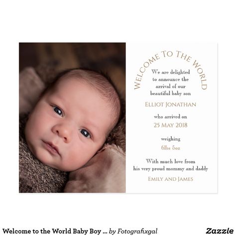 Welcome to the World Baby Boy Photo/Typography Postcard Typography Postcard, Photo Typography, Welcome To The World Baby, Birth Announcement Cross, Unique Baby Announcement, Baby Boy Birth Announcement, Welcome New Baby, Homemade Fathers Day Gifts, Newborn Announcement