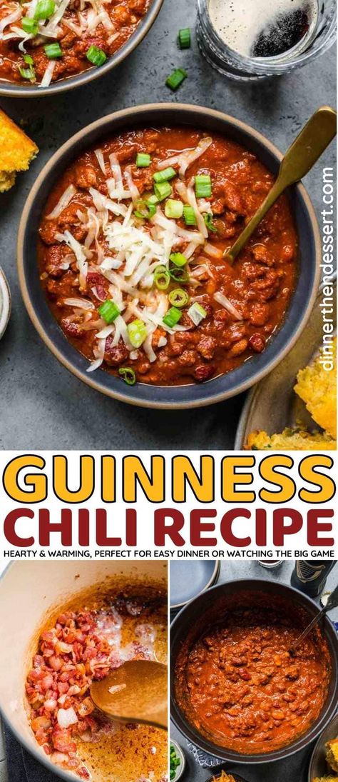 Guinness Chili is a hearty, rich, flavorful dish made with beer, beans, tomatoes, and warm spices. Perfect for dinner or the big game! Guinness Chili Crock Pot, Chili Beans With Sausage, Chili Made With Beer, Guinness Chili Recipe, Chili Recipe With Beer, Chili With Beer, Guinness Chili, No Meat Chili Recipe, Ultimate Chili Recipe