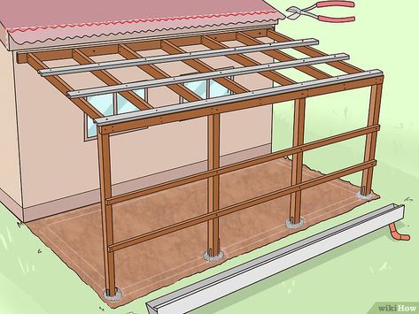 6 Ways to Add a Lean To Onto a Shed - wikiHow #shedideas Terrasse Med Tak, Lean To Roof, Lean To Shed Plans, Diy Storage Shed, Shed Building, Lean To Shed, Shed Building Plans, Garden Storage Shed, Diy Shed Plans