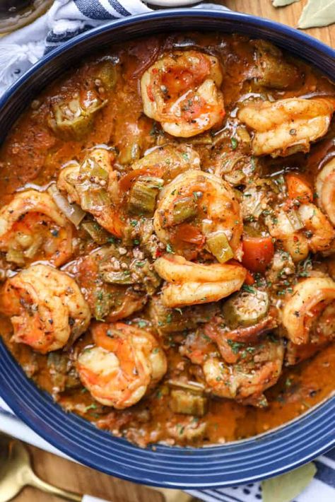 Smothered Okra With Shrimp - Savory Thoughts Smothered Okra, Smoked Seafood, Seafood Dish Recipes, Okra Recipes, Cajun Dishes, Shrimp And Vegetables, Southern Recipes Soul Food, Best Seafood Recipes, Shrimp Recipes For Dinner