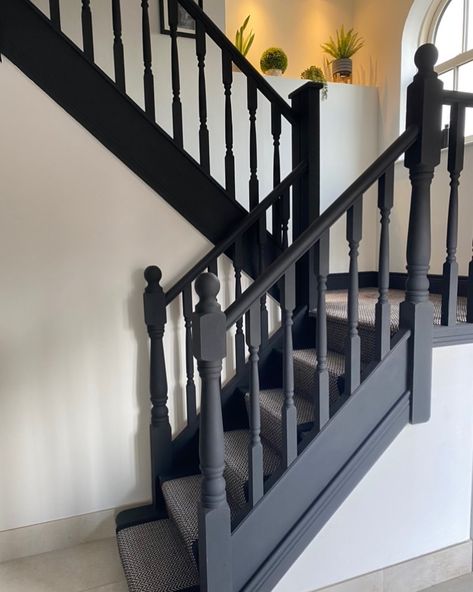 Black Painted Stairs, Black And White Hallway, Black Stair Railing, Floor Seating Living Room, Entryway Stairs, Staircase Interior Design, Hallway Makeover, Black Stairs, Painted Staircases