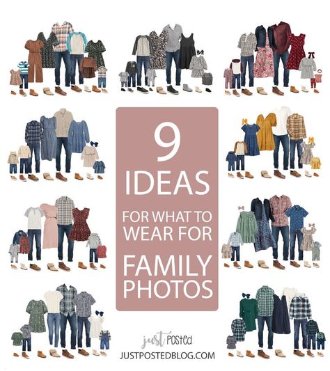 Fall Family Picture Look Ideas: Here are 9 family photo looks that are perfect for fall family pictures or for Christmas Card Photos! Each look features items for all ages. 9 completely different color coordinating looks for Family Photos. Hopefully this will make your what to wear for Family pictures decisions a lot simpler! Best Fall Family Picture Outfits, Outfit Colors For Family Pictures, Family Of 6 Outfits For Pictures, Blue Jean Family Photo Shoot Fall, Family Photo Outfit Inspo Fall, Winter Photo Shoot Color Scheme, Mixing Patterns Family Photos, Clothes For Fall Family Pictures, Navy And Brown Family Pictures Outfits